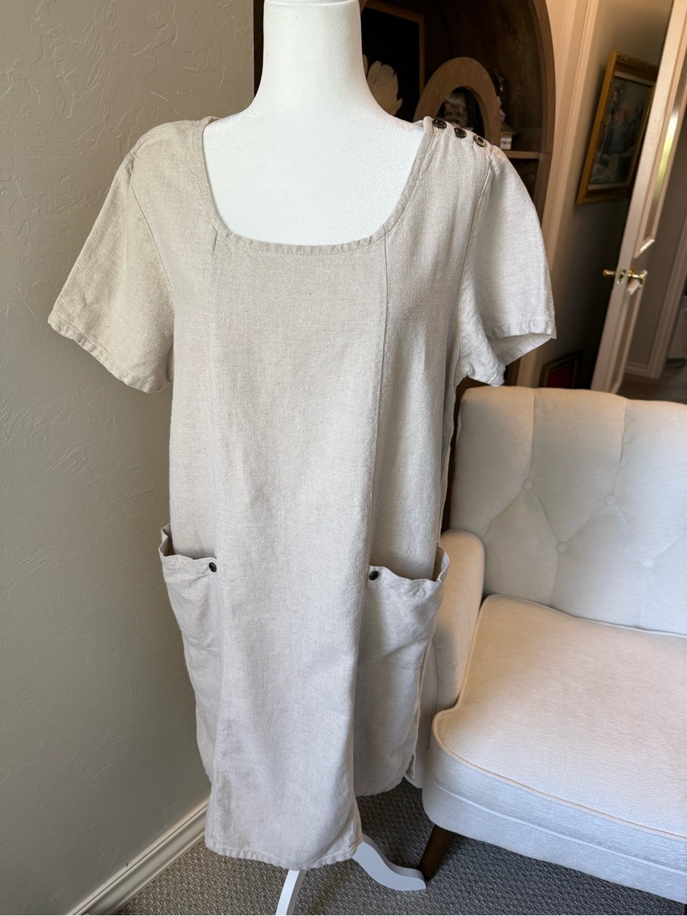 Erika & Co Linen Cotton Dress L Natural Minimalist Lagenlook Pockets